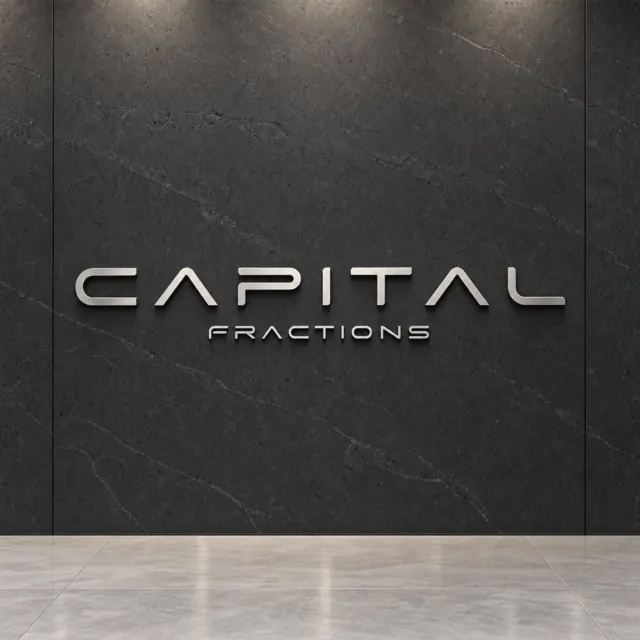 Logo da Capital Fractions em letras de aço escovado sobre parede de pedra escura