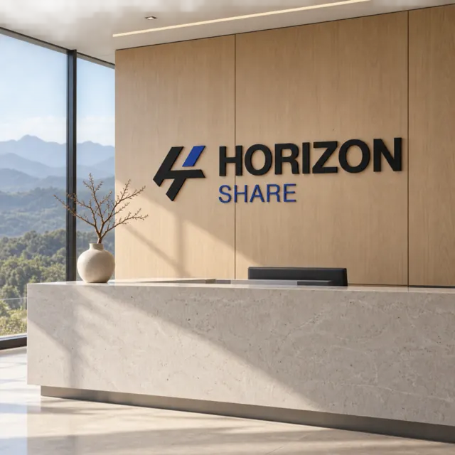 Logo da Horizon Share na parede de madeira da recepção, com a serra ao fundo